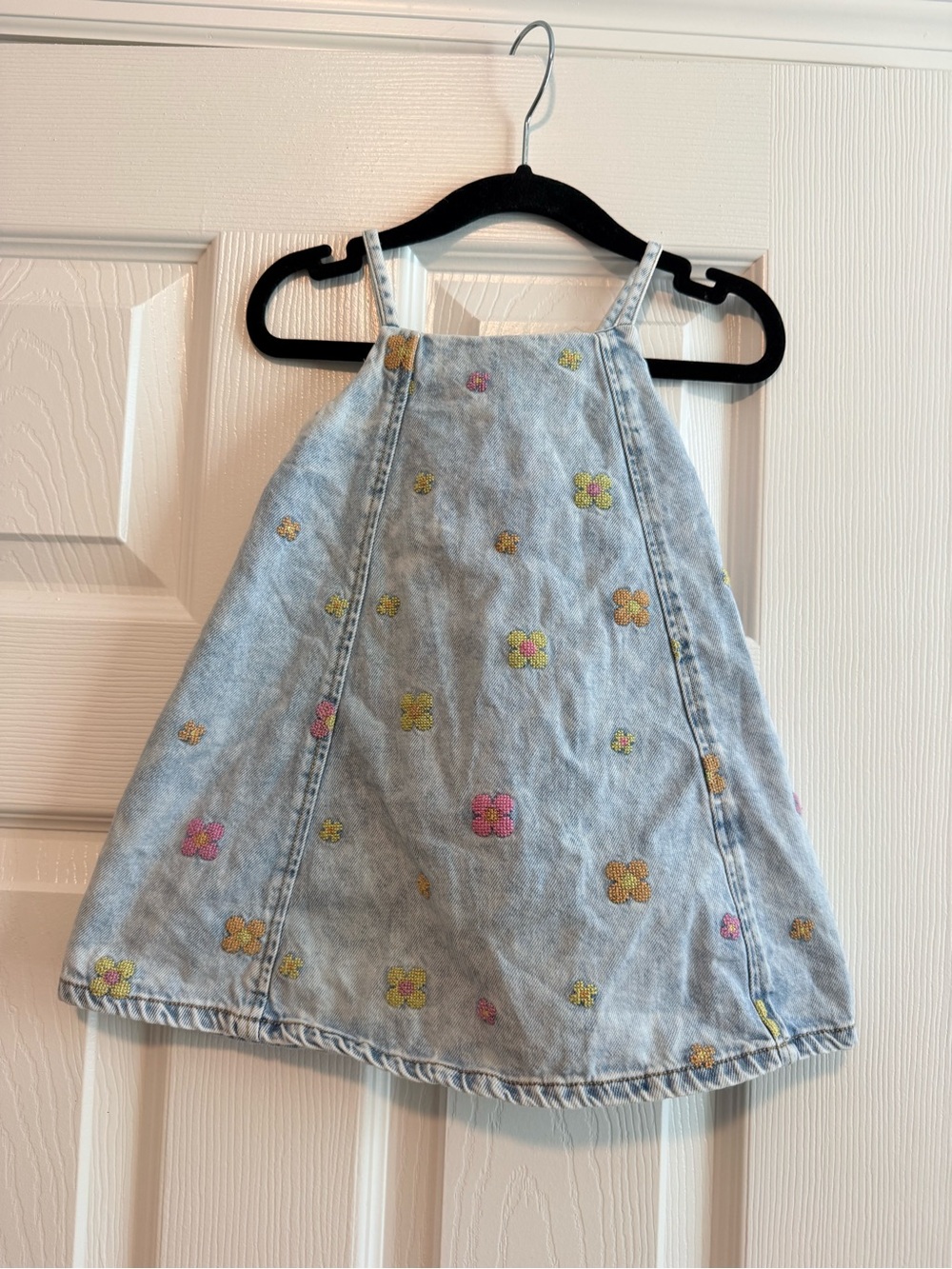 Zara Light Wash Denim Floral Embroidered Dress